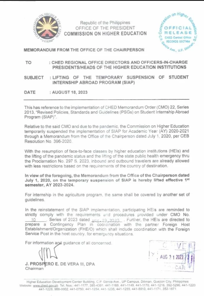 Temporary Suspention of the Student Internship Abroad Program (SIAP)