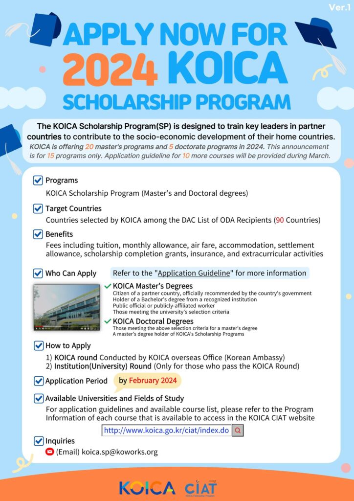 2024 KOICA Master Degree Scholarships Available! Check out the details and apply today.