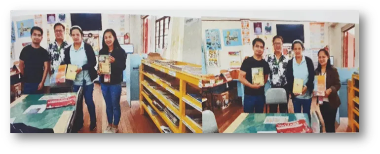 BSU College of Arts and Humanities and its Graduate School donate books, conduct Literacy Assessment at Atok National High School 95 Dr. Jennie M. Bito GSELS adviser with Jake Denson and Joel Badua and Ms. Fairy Mae K. Tad o and Minerva Paycan of ANHS