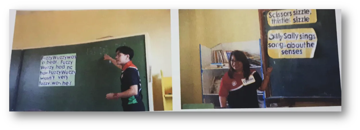 BSU-College of Arts and Humanities Conducts Series of Reading Milestone Extension Program Phase 2 at Marcelo Marquez National High School 95 Dr. Joseph B. Quinto and Dr. Cynthia T. Lubiton presenting the tongue twisters to the students