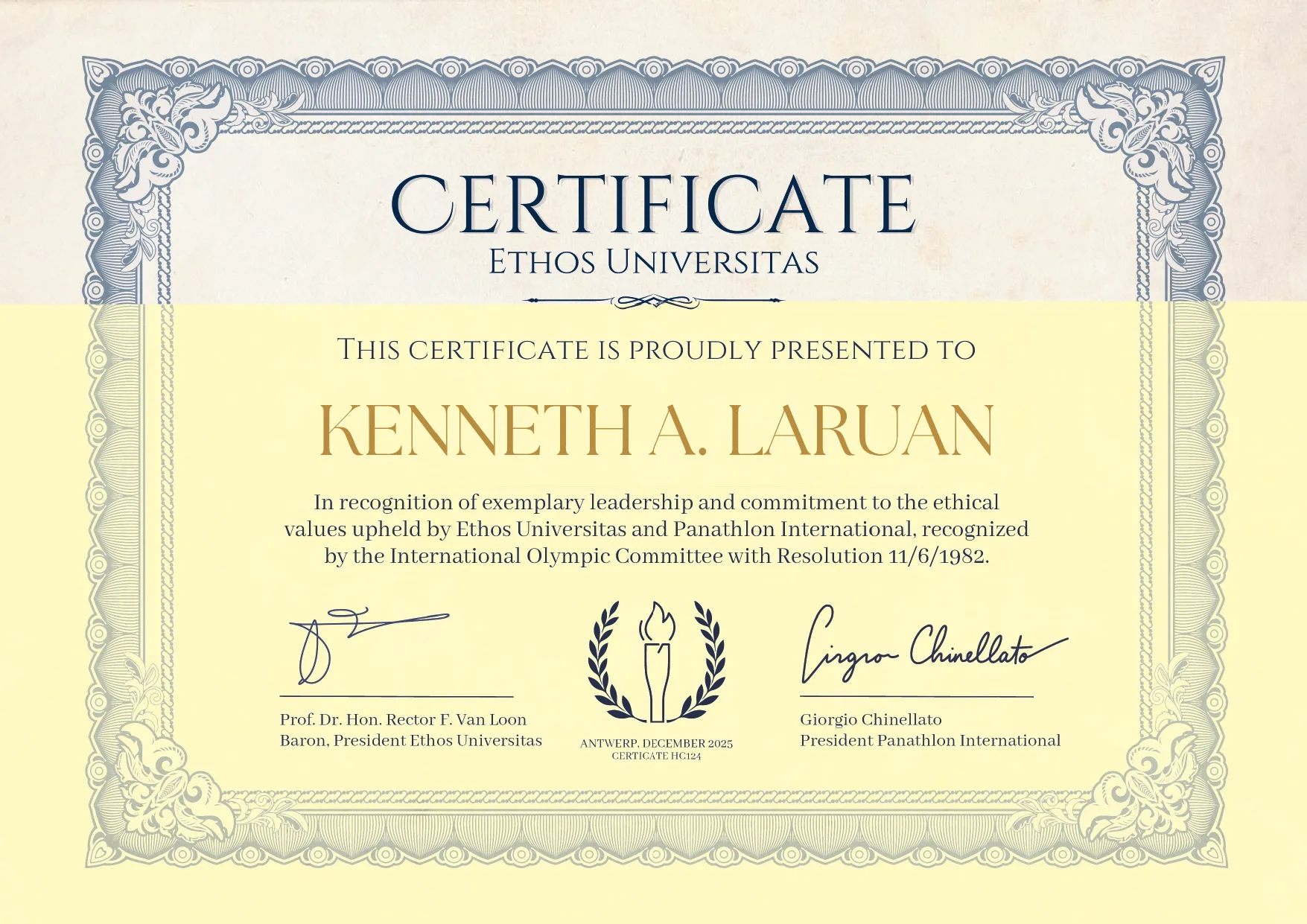 University Profile 52 Certificate KENNETH A. LARUAN page 0001