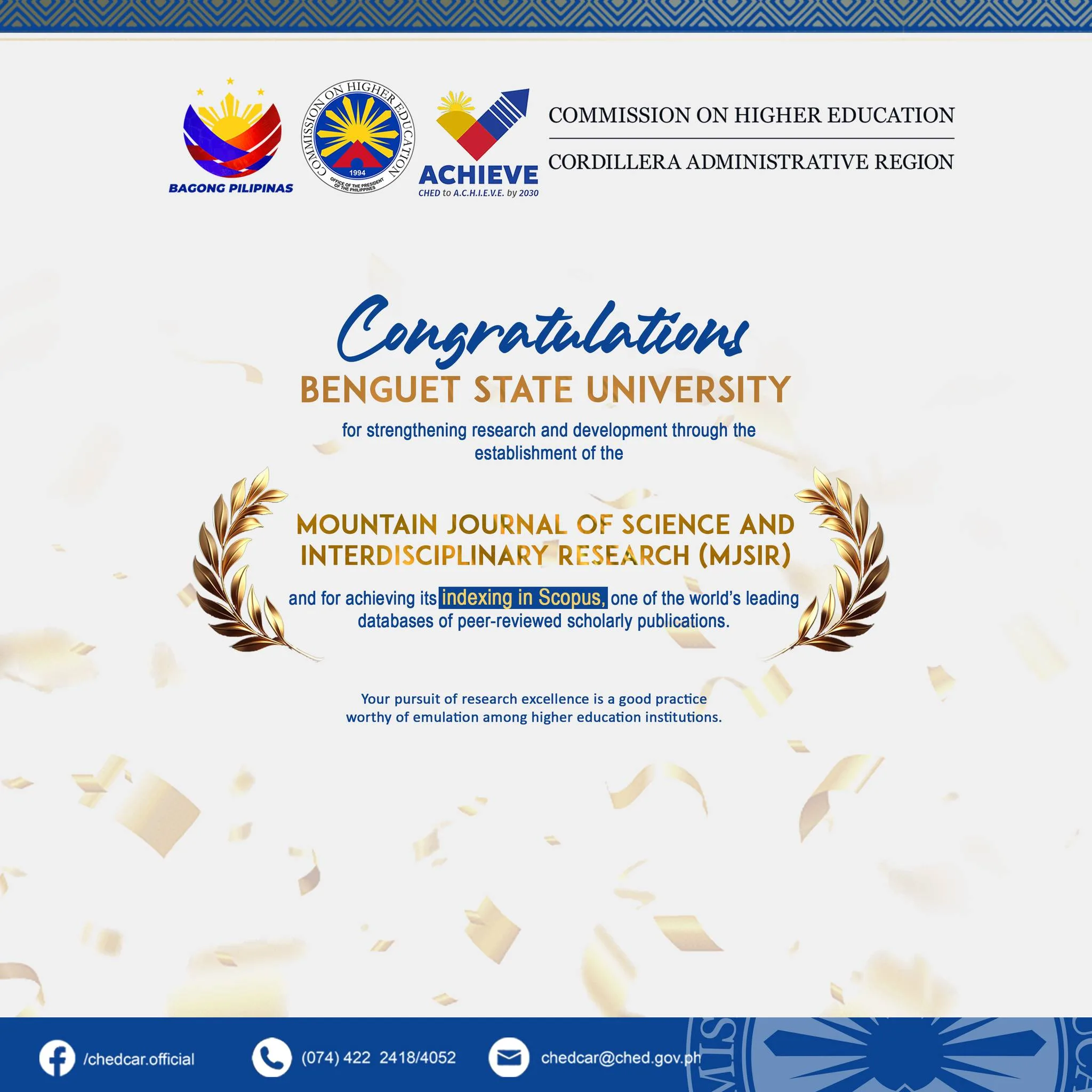 CHED-CAR Congratulates Benguet State University for its continued advancement in Research and Development
